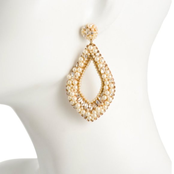 Deepa Gurnani Pearl & Rhinestone Statement Chandelier Earrings Ivory NWT - Picture 2 of 14